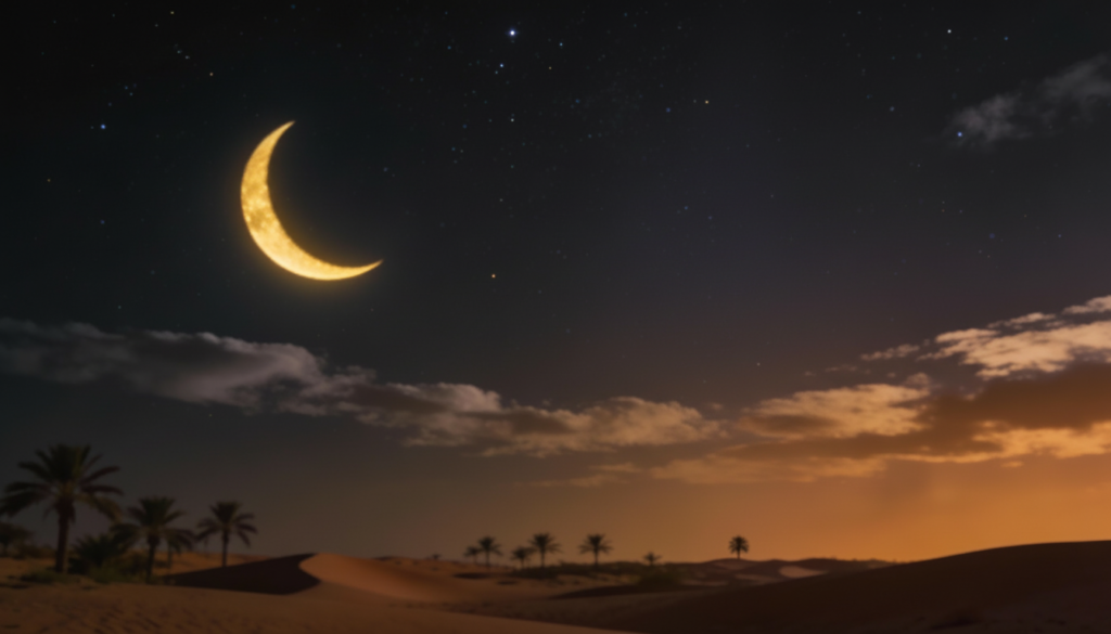 هلال رمضان في سماء ليلية فوق صحراء هادئة.